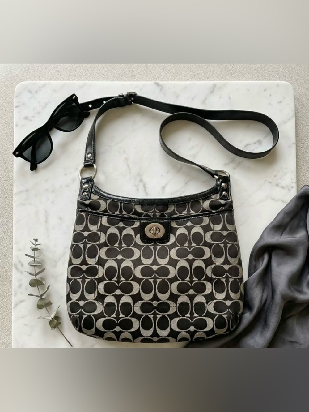 Coach Penelope Signature Sateen Crossbody Bag Black Grey Y2K Hippie Bag F19259